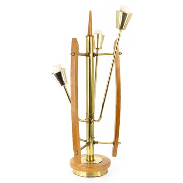 Mid Century Brass Walnut 3-Light Table Lamp - mcm 