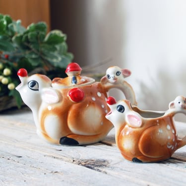 Vintage deer tea pot and creamer / vintage Japan ceramic reindeer tea pot / Christmas decor / cottagcore / tea lover gift / child's tea set 