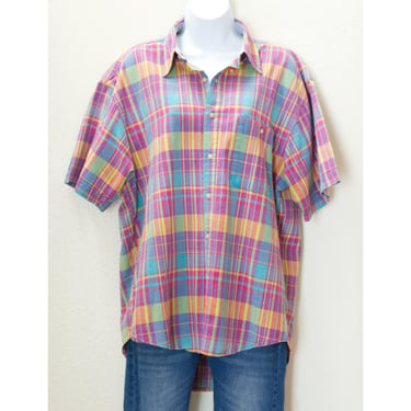 Vintage 1980s Bugle Boy Shirt | 80s Pastel Plaid Short Sleeved Button-Up | Medium / Large | 11 