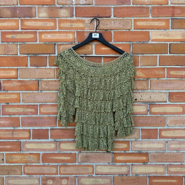 vintage y2k sage green crochet rayon blouse / l large 