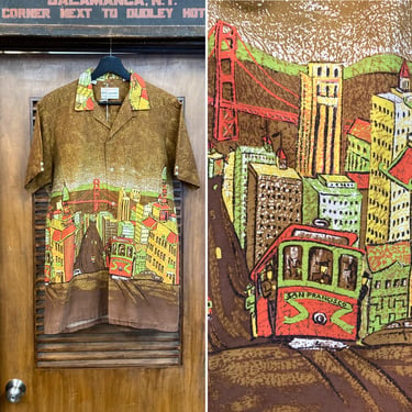 Vintage 1950’s Original San Francisco SF Border Design Cotton Rockabilly Shirt, Loop Collar, 50’s Vintage Clothing 