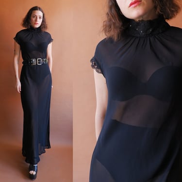 Vintage 90s Sheer Black Bias Cut Gown with Mock Lace Neck/ Size Small Medium 