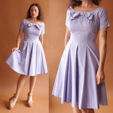 Vintage 50s Lavender Fit and Flare Dress/ 1950s Pastel Purple Full Skirt Dress/ Size Small 25 