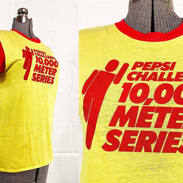 Vintage 80s Pepsi Challenge Tee 10k Meter Marathon Ringer T-Shirt Single Stitch Short Sleeve Yellow Red Hipster Shirt 1980s Medium Small 