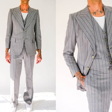 Vintage 70s Yves Saint Laurent Light Pinstripe Three Piece Wool Suit Unworn w/ Tags | Made in France | DEADSTOCK | 1970s YSL Designer Suit 