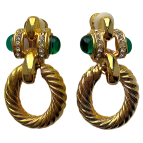 Green Glass and Twisted Gold Door Knocker Earrings