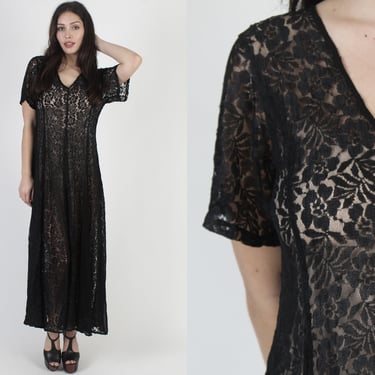 90s Black Lace Grunge Long Dress / Sheer 1990s Gothic Costume / See Through Floral Gypsy Style / Full Skirt Goth Festival Maxi Frock 