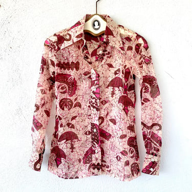 Vintage 70s Batik Graphic Early Ethnic Tribal Collared Shirt // 1970s Pink White Sheer Long Sleeve Blouse 