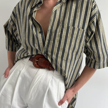 Vintage Faded Black & Wheat Striped Button Up