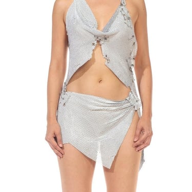 MORPHEW COLLECTION White Silver Sexy Deconstructed Punk Metal Mesh Cocktail Dress With Safety Pins 
