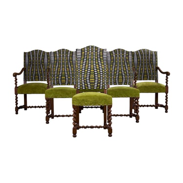 Antique French Louis XIII Style Oak Barley Twist Dining Chairs W/ Green Fabric - Set of 6 