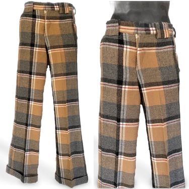 1970's High Waist Brown Plaid Pants Waist 30"