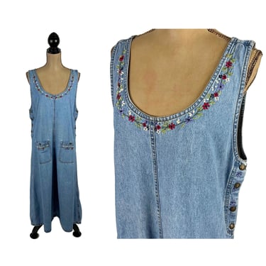 L 90s Long Denim Maxi Dress Large, Jean Jumper Dress, Sleeveless Embroidered Market Cottagecore, 1990s Clothes Women Vintage JANE ASHELY 