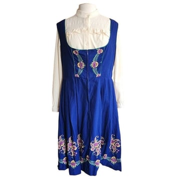 Vintage Dirndle Dress + Blouse Set Blue Floral Embroidery 