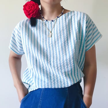 vintage blouse vintage shirt vintage top striped white teal green minimalist capsule wardrobe summer vacation beach Made in Canada size S/M 