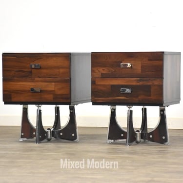 Rosewood and Chrome Brutalist Nightstands - A Pair 