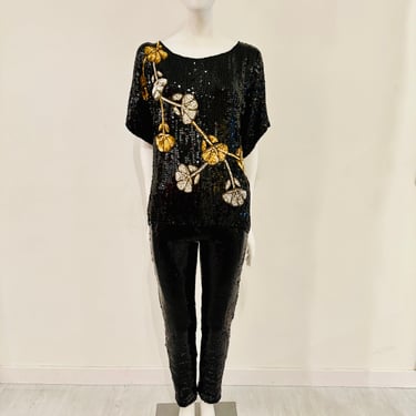 80's Black Silk Sequin "T-Shirt" w/Gold and Silver Floral Design