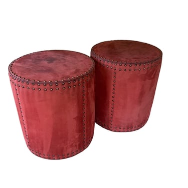 Pair of Lee Industries Red Wine Colored Drum Poufs Ottoman MD219-14