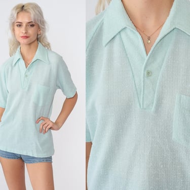Seafoam Blue Polo Shirt 70s Textured Collared Shirt Retro Short Sleeve Top Plain V Neck T-Shirt Top Preppy Blank Vintage 1970s Men's Medium 