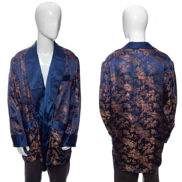 1960's Navy and Multicolor Embroidered Brocade Long Sleeve Smoking Jacket Size L/XL