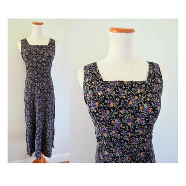 Vintage 90s Floral Midi Dress - Purple Flower Print Sleeveless Summer Rayon Sundress -Size Small 