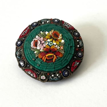 Italian Micro Pin, Mini Mosaic Tile Brooch, Tile Pin, 1940s Brooch, Floral Pin, Copper Brooch, Vintage Brooch, Green Brooch, Floral Brooch 