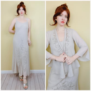 Y2K Grey Chiffon Silver Beaded Romantic Fairy Dress / Vintage Flounce Bell Sleeve Jacket Gown Set / Size Medium - Large 