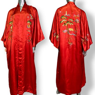 Vintage Silk Kimono Red Embroidered Robe 1970s Full Length Adult One Size 