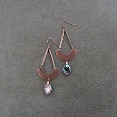 Copper geometric earrings, mid century modern, minimalist abalone 