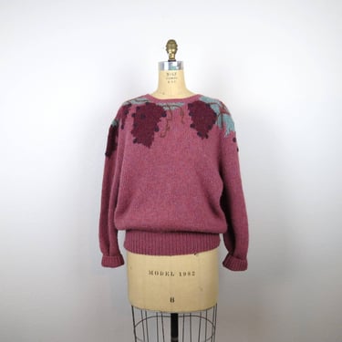 Vintage 1980s Susan Bristol sweater hand knit crew neck grapes wool novelty oversize slouchy 