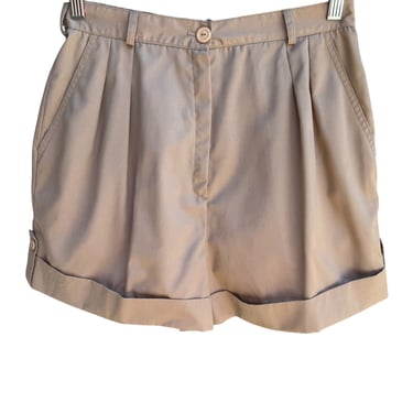 Vintage 70s 80s Beige Womens Pleated Cuffed Elastic Back Retro Short Shorts M