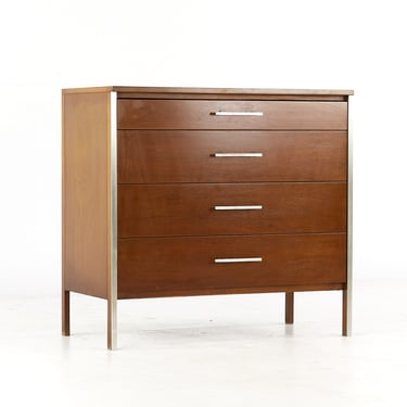 Paul McCobb for Calvin Linear Mid Century Walnut and Stainless Steel 4 Drawer Chest of Drawers Dresser - mcm 