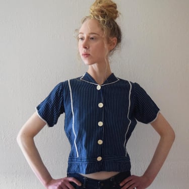 Vintage 1930s indigo blouse . 30s striped top . size small 