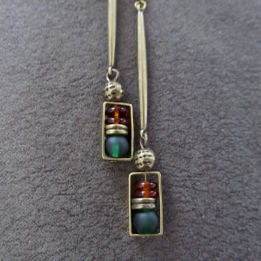 Bronze and glass dangle earrings, artisan ethnic earrings, simple chic 