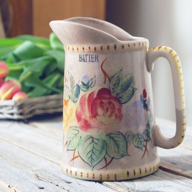 Vintage batter pitcher / painted floral stoneware pitcher /  pancake batter pitcher / farmhouse decor / rustic vintage kitchen pottery 