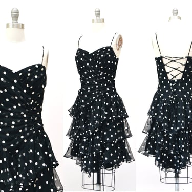 Vintage 80s Prom Dress Size XS Black and White Polka Dots Lace Up Back// 80s Black Party Dress polka dot Corset Ruffle Dress xs pin up 