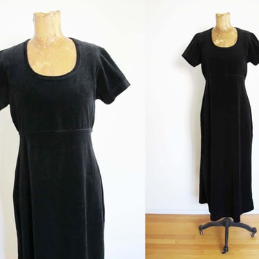 Vintage 90s Black Velvet Dress S - 1990s Grunge Whimsy Goth Scoop Neck Stretchy Short Sleeve Midi Dress Empire Waist 