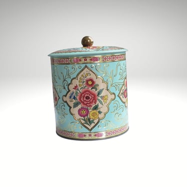 Vintage Pink and Aqua Daher Tin, Floral Decorator Metal Box, Cottage Kitchen Nesting Storage 