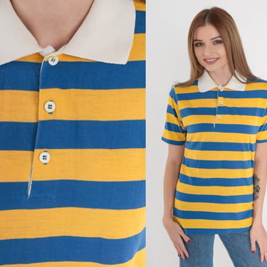 Striped Polo Shirt 80s Collared T-Shirt Blue Yellow Half Button Up Short Sleeve TShirt Preppy Collared Streetwear Top Vintage 1980s Small S 