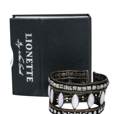 Lionette - Bronze Wide Cutout Bracelet w/ White &amp; Silver Gems