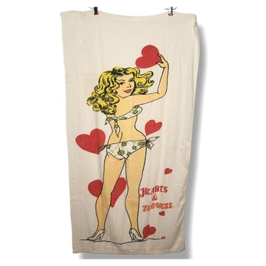 Vintage Bikini Girl Beach Towel, Hearts & Flowers Sexy Pinup, Elegant Jay Franco Original, Blond Bombshell, Retro 1970s Vintage Linens 