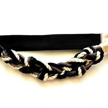 Vintage 70s 80s Woven Boho Belt Metallic Gold Black White Braided Sash Grecian Roman Waist Hair Accessories 