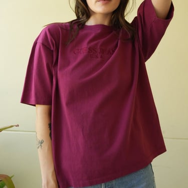 90s GUESS Cotton Tshirt / 1980'sWine Burgundy Maroon Tee / Oversized Unisex Tshirt 