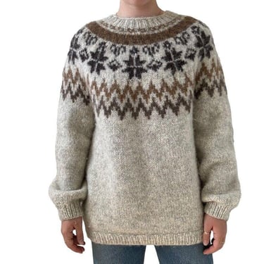 Vintage Hand Knit Brown Icelandic Wool Snowflake Fair Isle Fluffy Sweater XL 