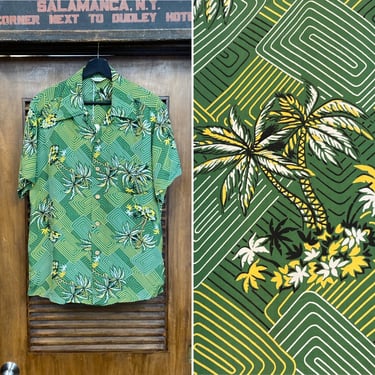 Vintage 1940’s “Kalakaua” Atomic Palm Tree Silky Rayon Tiki, Hawaiian Shirt, Loop Collar, Original, 40’s Vintage Clothing 