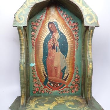 Vintage Nicho Altar Shrine with Our Lady, Saint Mary, Hand Painted Religious Folk Art, Artist Signed 