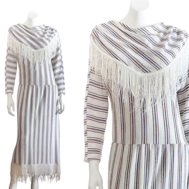 1980s Fringe trimmed striped dress with cowl bib collar 
