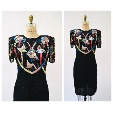 Vintage Black Sequin Beaded Dress Large Flower Beaded Dress 80s 90s Glam Flapper Black Metallic Beaded Dress Short Sleeve Medium Large 