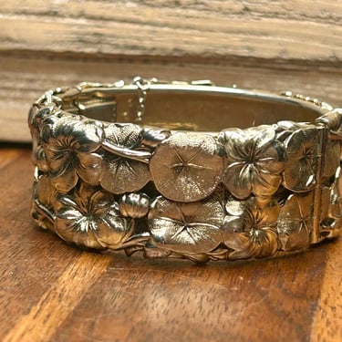 Vintage Floral Bangle Bracelet Silver Tone Hinged Cuff Flowers Leaves 