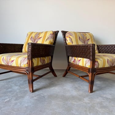Palm Beach Regency - Style Palecek Rawhide Weave Lounge Chairs with Rattan Frame - A Pair 